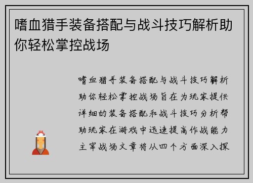 嗜血猎手装备搭配与战斗技巧解析助你轻松掌控战场